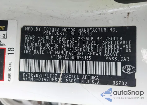 2013 Toyota Avalon Xle Touring z USA, uszkodzony, nr VIN 4T1BK1EB5DU025165